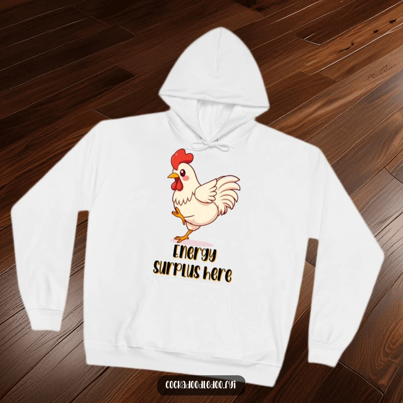 Funny Kawaii Rooster Hoodie featuring a joyful bird energetically kicking its legs up in a silly, fun-loving display.