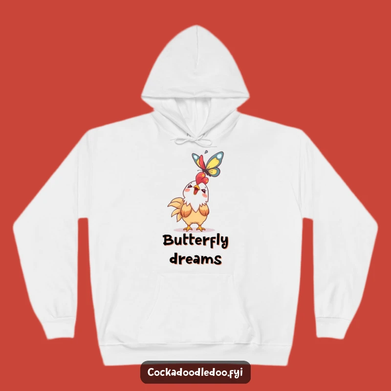 Funny Kawaii Rooster Hoodie: Giggling Butterfly Watcher - Cozy Funny Gift for Dreamy Souls