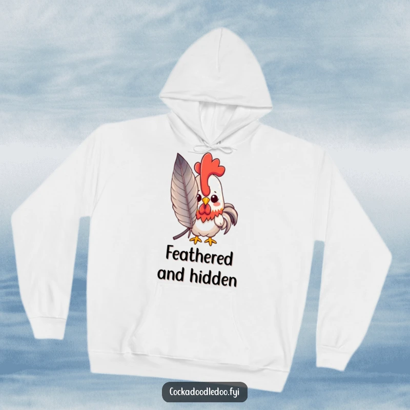 Funny peeking kawaii rooster hoodie showing a shy rooster peeking from behind a large feather, a warm funny gift.