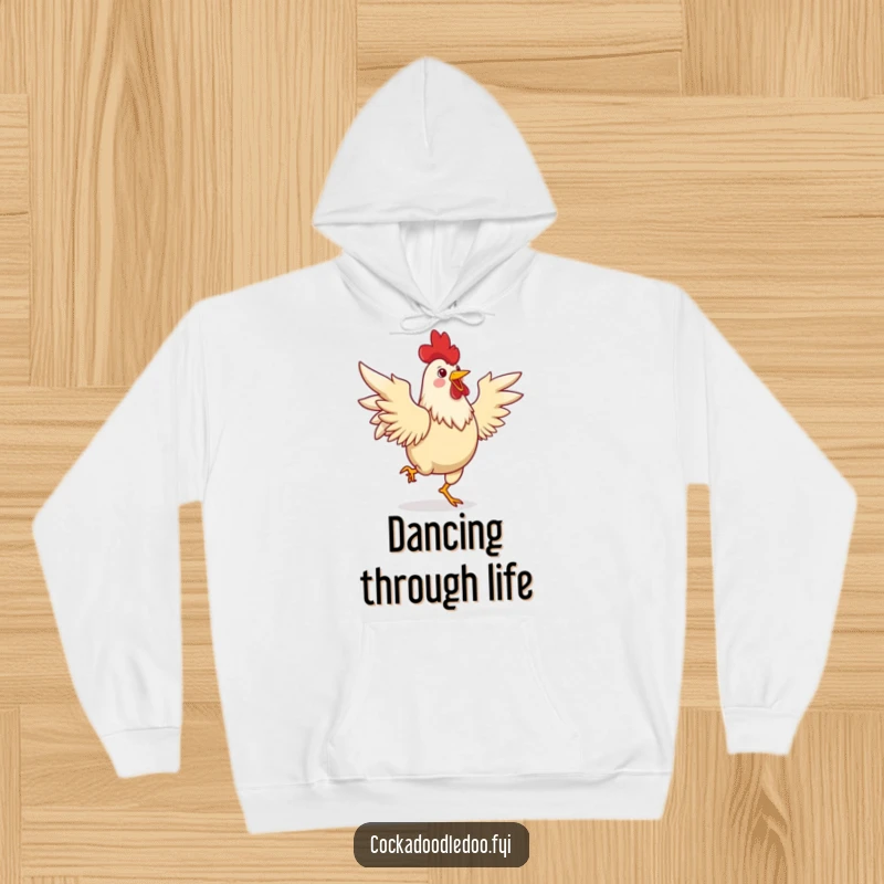 Funny hoodie depicting a joyful rooster dancing a lively jig with its wings spread, offering cozy comfort and a spirited vibe.
