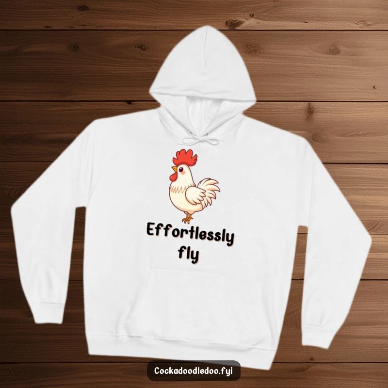 Funny hoodie depicting a single, proud rooster feather in a playful swirl as it gently floats downwards, evoking lightness.