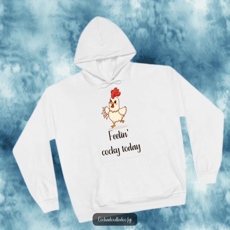 Funny rooster hoodie featuring a cheerful character rooster with its comb held high, doing a happy and joyful strut.