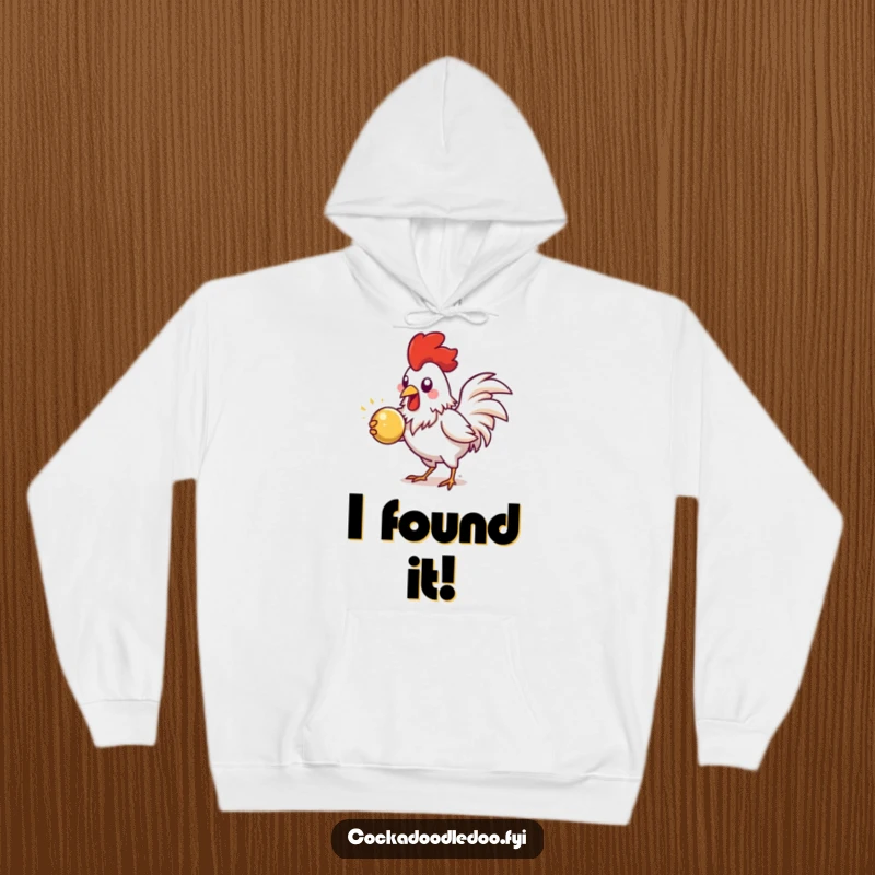 Funny Rooster Hoodie, character energetically pecking at a shiny object, comfortable and humorous apparel.