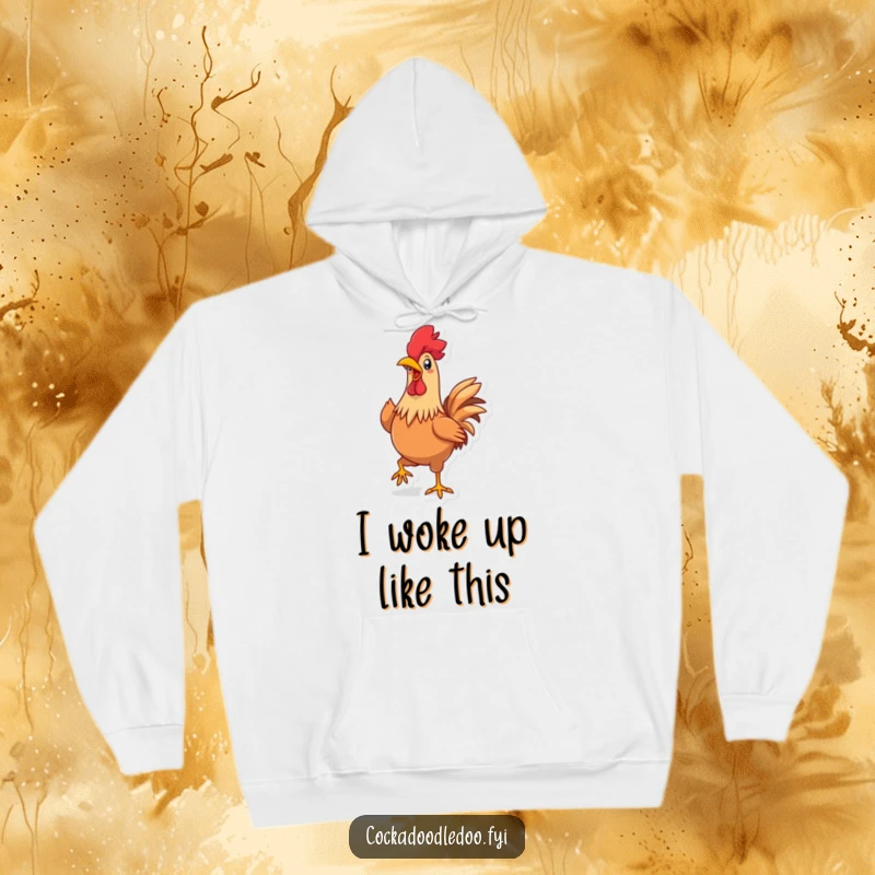 Funny Kawaii Rooster Hoodie: Adorable rooster in a proud strut pose, beak wide in a happy expression, perfect for casual, humorous style.