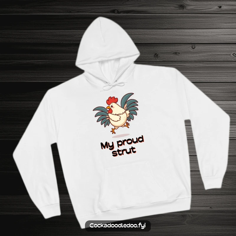 Funny rooster hoodie featuring a character doing a silly hop with tail feathers fanned out, perfect for cozy and playful wear.