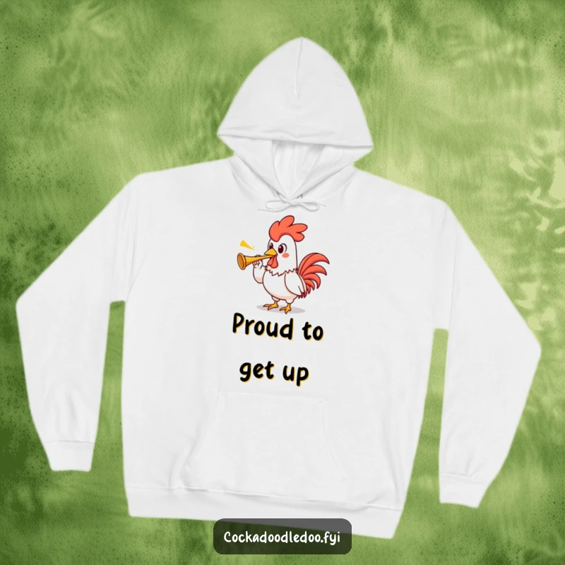 Funny rooster hoodie featuring a proud kawaii rooster character in an exaggerated pose, blowing a small, triumphant trumpet.