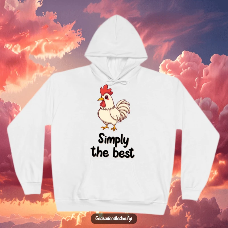 Funny Rooster Hoodie, character with chest puffed out, striking a proud pose, comfortable and humorous.