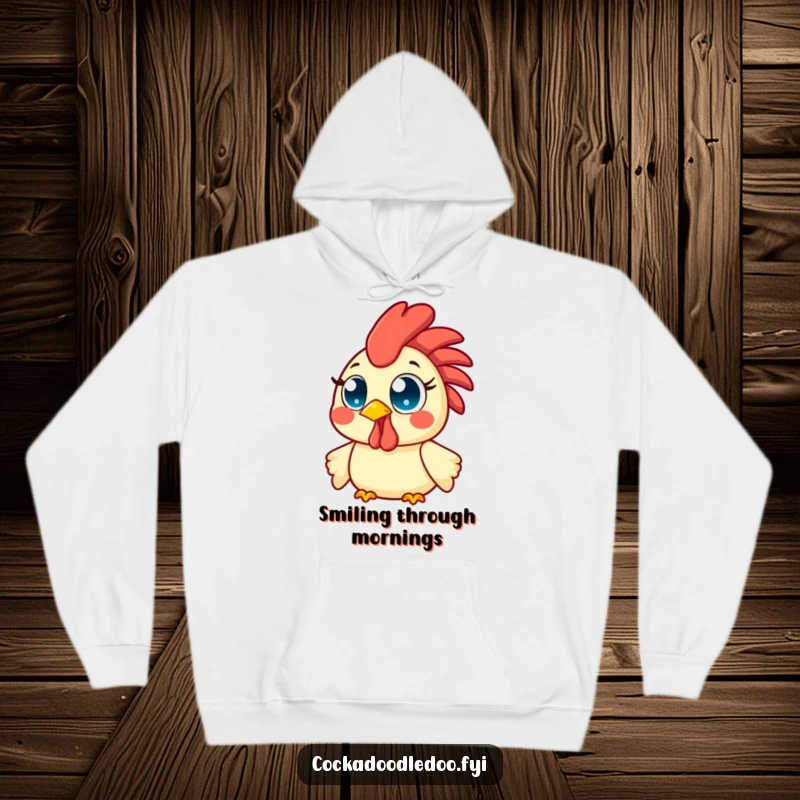 Funny Kawaii Rooster Hoodie featuring a happy bird with wide, bright eyes, radiating pure, unadulterated morning cheer and joy.