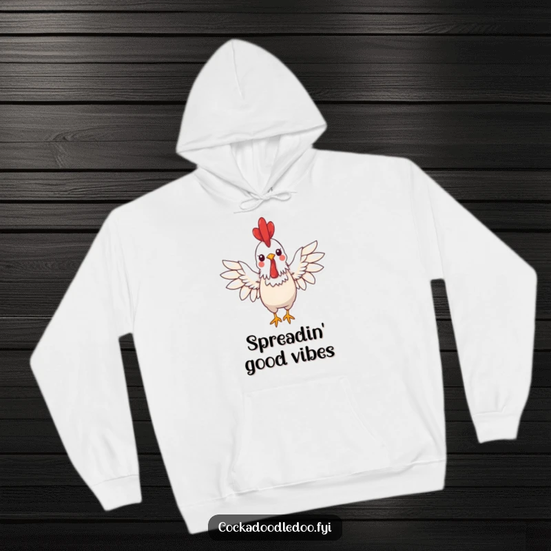 Funny kawaii rooster hoodie showing a cheerful rooster with wings spread wide in a greeting, a cozy funny gift.