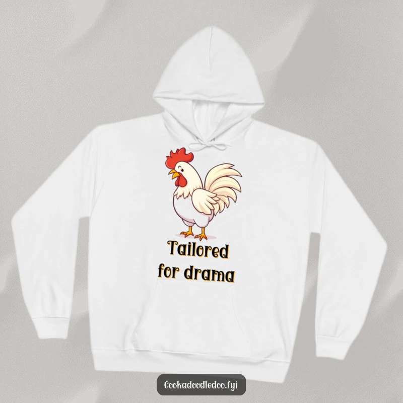 Funny hoodie depicting a rooster in a flamboyant bow, feathers dramatically fanned out, exuding comical sophistication.