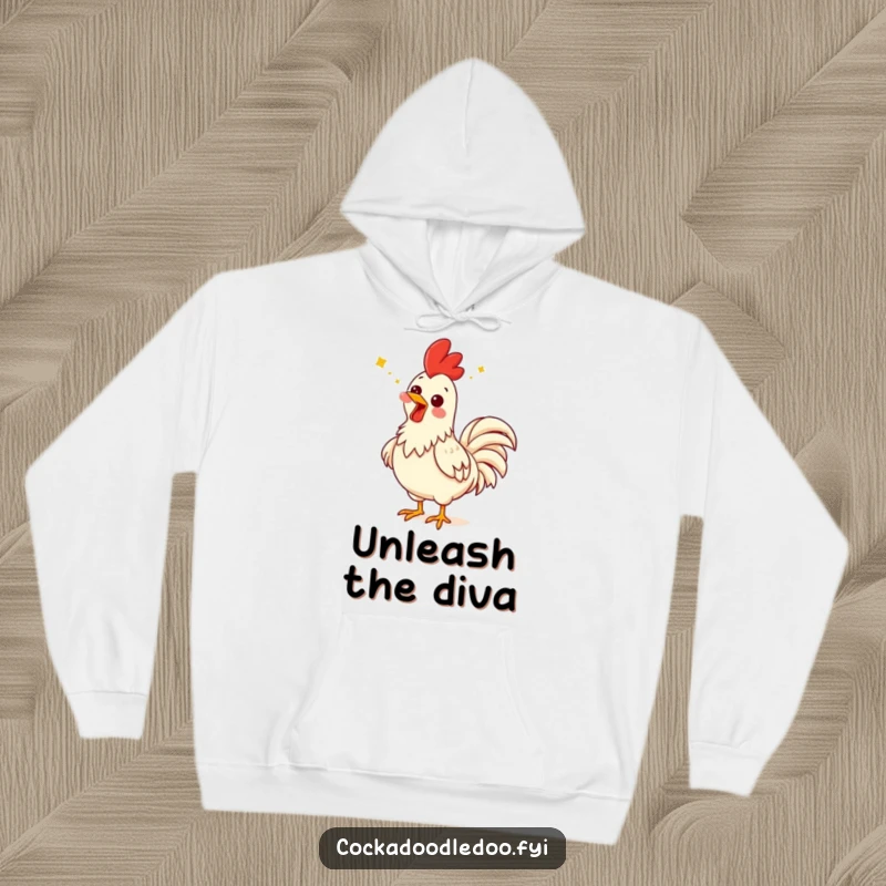 Funny rooster hoodie depicting a rooster with a comical, enthusiastic expression, head thrown back singing loudly.