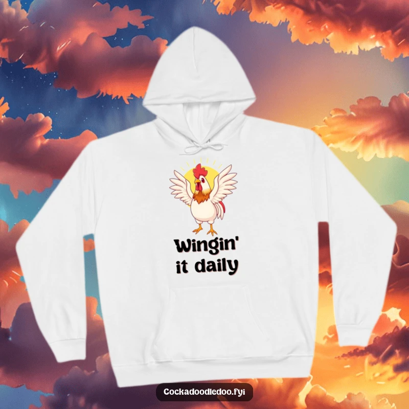 Funny hoodie featuring a serene rooster stretching its wings, embracing the sun, creating a warm and humorous feel.