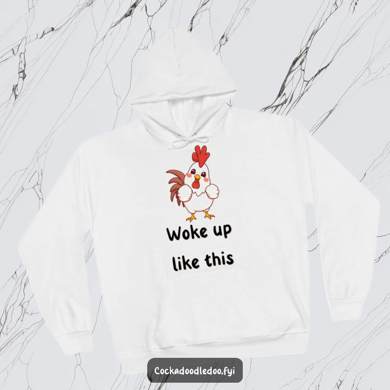 Funny hoodie showcasing a proud rooster character puffing its chest and crowing with a wide, joyful smile, embodying confidence and morning spirit.