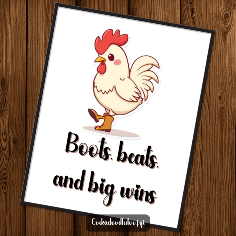 Funny Free Printable Wall Art: Kawaii rooster wearing tiny boots taps its foot rhythmically, a downloadable piece of quirky art.