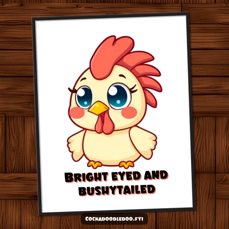 Funny Free Printable Wall Art: Kawaii rooster with big bright eyes, beaming with infectious morning cheer and a wide, happy smile.