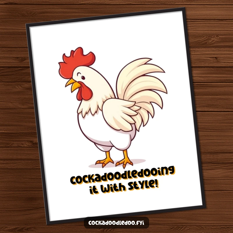Funny Free Printable Wall Art: A sophisticated rooster executing a dramatic theatrical bow, tail feathers spread like a fan, full of personality.