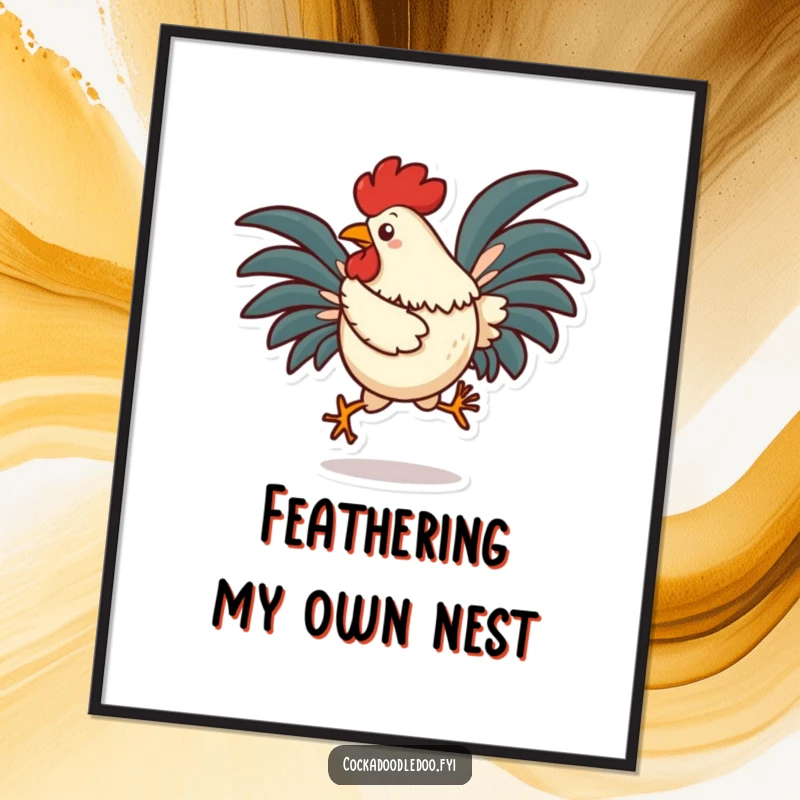 Free Printable Rooster Wall Art: A cheerful rooster hops energetically, tail feathers fanned out, adding a playful, lively touch.