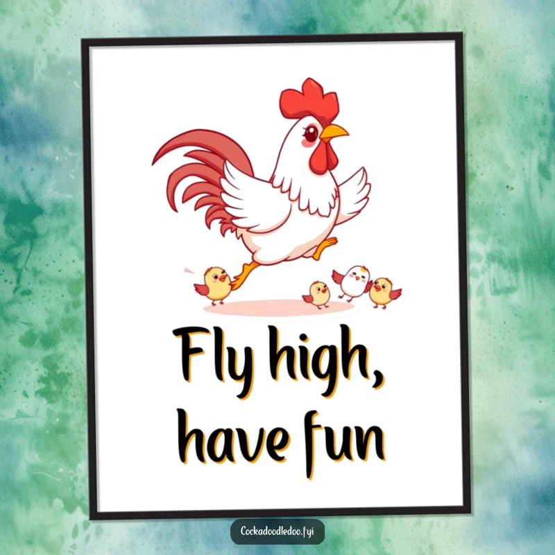 Funny Free Printable Wall Art: Playful rooster character happily chasing smaller cartoon birds, full of motion and joy.