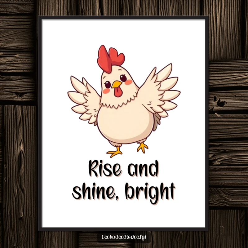 Funny Free Printable Wall Art: A plump, cute rooster with a cheerful expression enthusiastically stretches its wings wide.