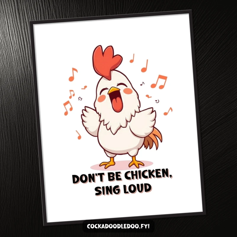 Free Printable Rooster Wall Art: A rooster beams with joy, singing loudly amidst a shower of musical notes, creating a vibrant atmosphere.