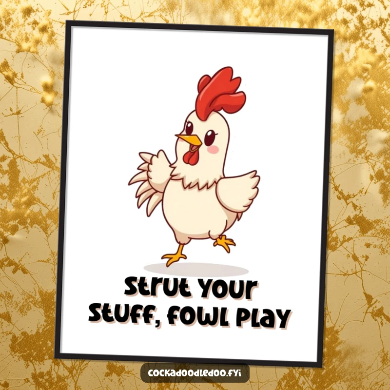 Funny Free Printable Wall Art: A cheerful rooster character doing a joyful strut with its comb held high.
