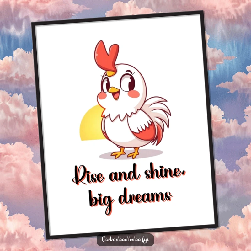 Funny Free Printable Wall Art: A grinning rooster marvels at the sunrise with pure delight, perfect for cheerful decor.