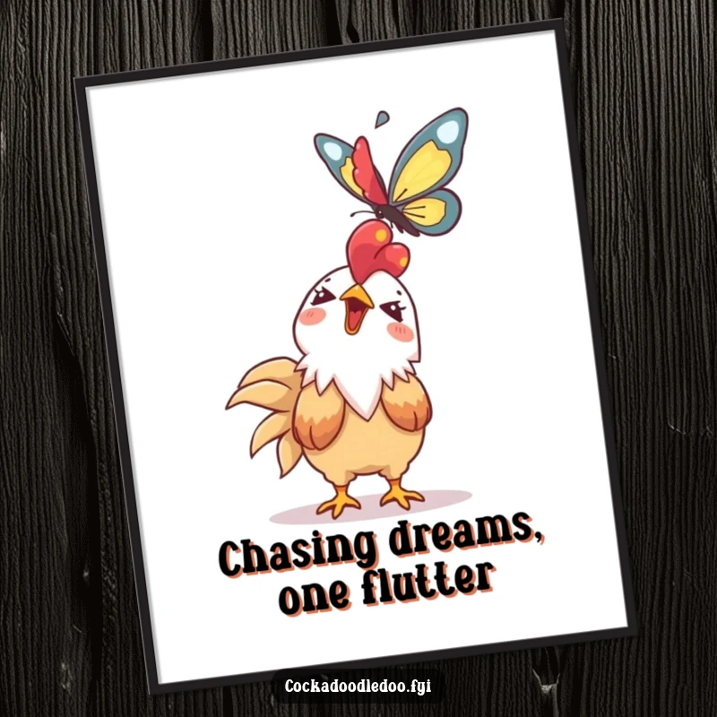 Funny Free Printable Wall Art: Giggling Kawaii rooster gazing upwards with amusement at a butterfly.