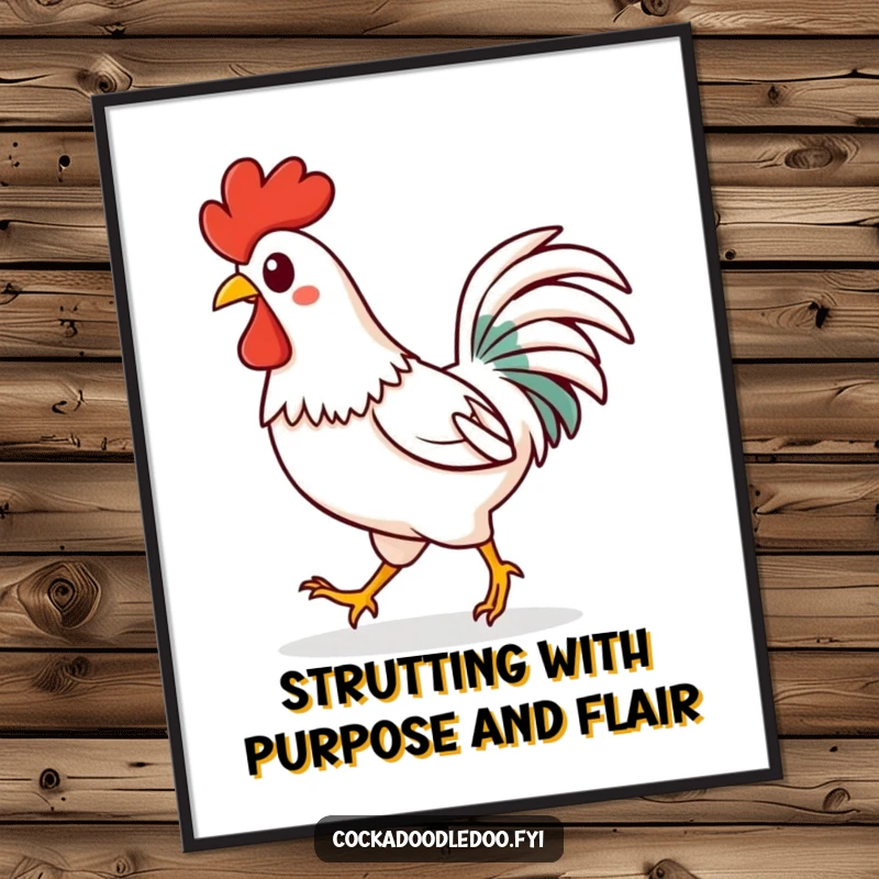Funny Free Printable Wall Art: Happy Kawaii rooster strutting confidently with a spring in its step, full of charm.