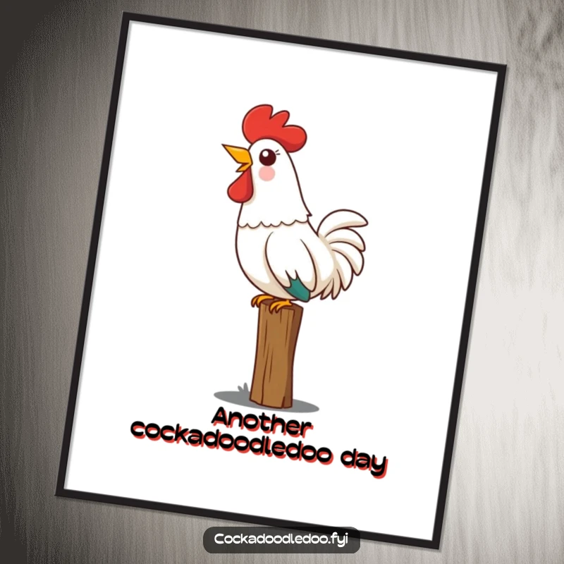 Funny Free Printable Wall Art: A kawaii rooster perched proudly on a fence post, head back, mid-crow with pure joy.