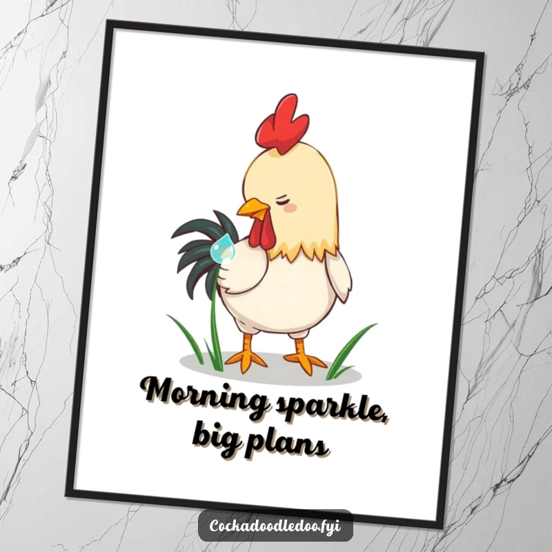 Funny Free Printable Wall Art: A rooster playfully pecking a shiny dewdrop, charming downloadable art for your space.