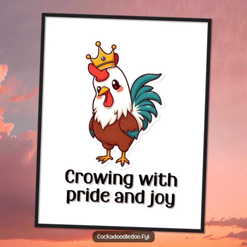 Funny Free Printable Wall Art: A proud rooster sports a crown, letting out a mighty crow. Regal downloadable decor.