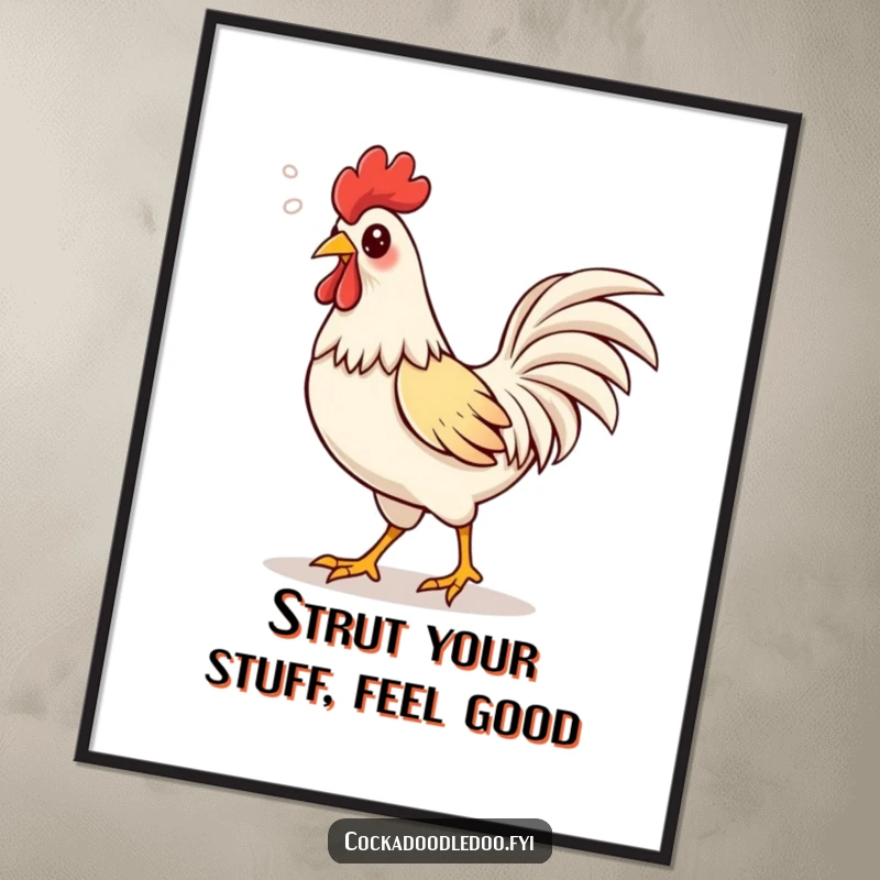 Funny Free Printable Wall Art: A proud kawaii rooster strutting with confidence, happy air puffs signifying its cheerful demeanor.