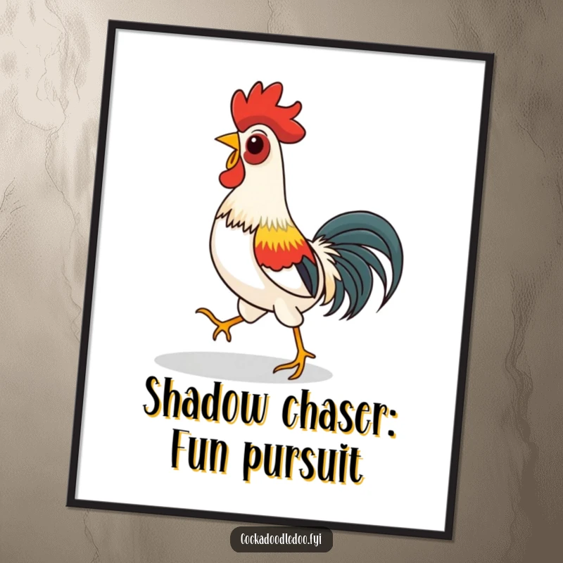 Funny Free Printable Wall Art: A rooster playfully chasing its own shadow, full of energy and humorous intent. Downloadable art.