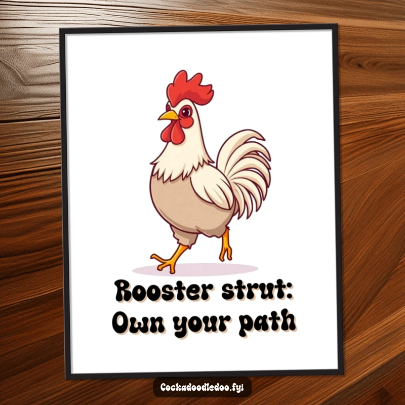 Funny Free Printable Wall Art: A rooster confidently striding forward, radiating joy and humor. Perfect downloadable art for a quirky home.