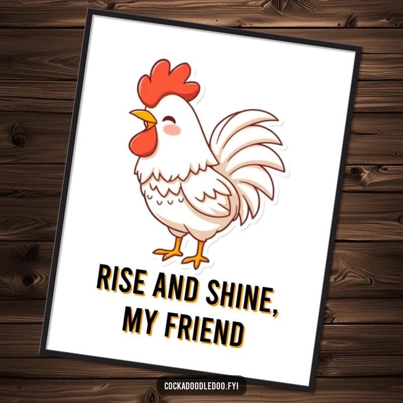 Funny free printable wall art of a rooster character with its fluffy tail feathers shaking hysterically with laughter.