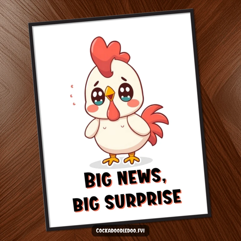 Funny Free Printable Wall Art: Surprised Kawaii rooster with eyes wide open, reacting comically to an unheard loud sound.