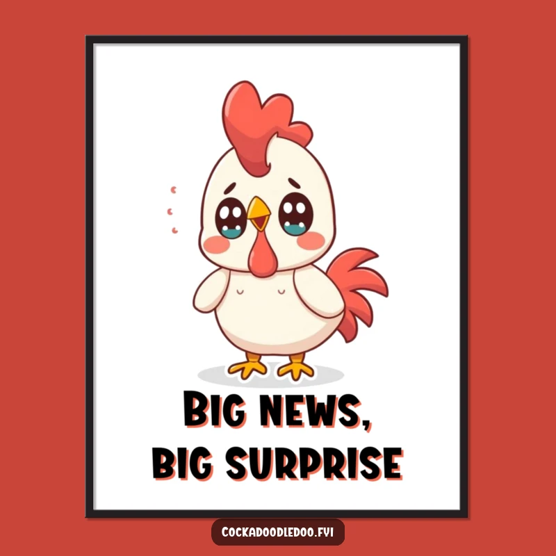 Funny Free Printable Wall Art: Surprised Kawaii Rooster, Humorous Downloadable Decor