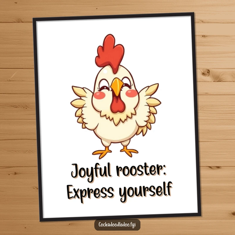 Funny Free Printable Wall Art: A stylized rooster with an exaggerated, ecstatic joyful expression. Vibrant downloadable art for any room.
