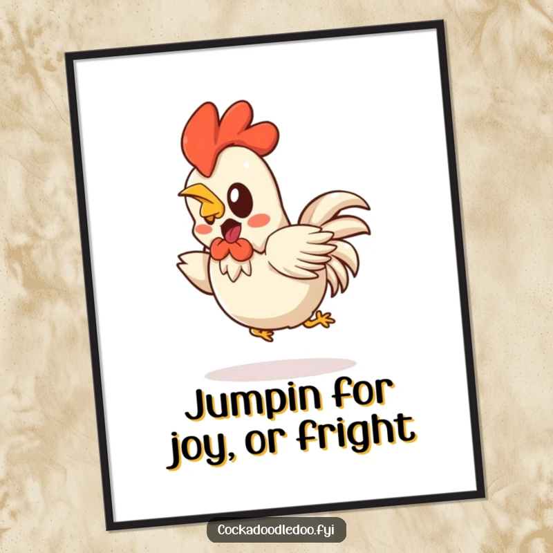 Funny Free Printable Wall Art: Comical Kawaii rooster caught mid-hop backwards, looking startled and surprised.