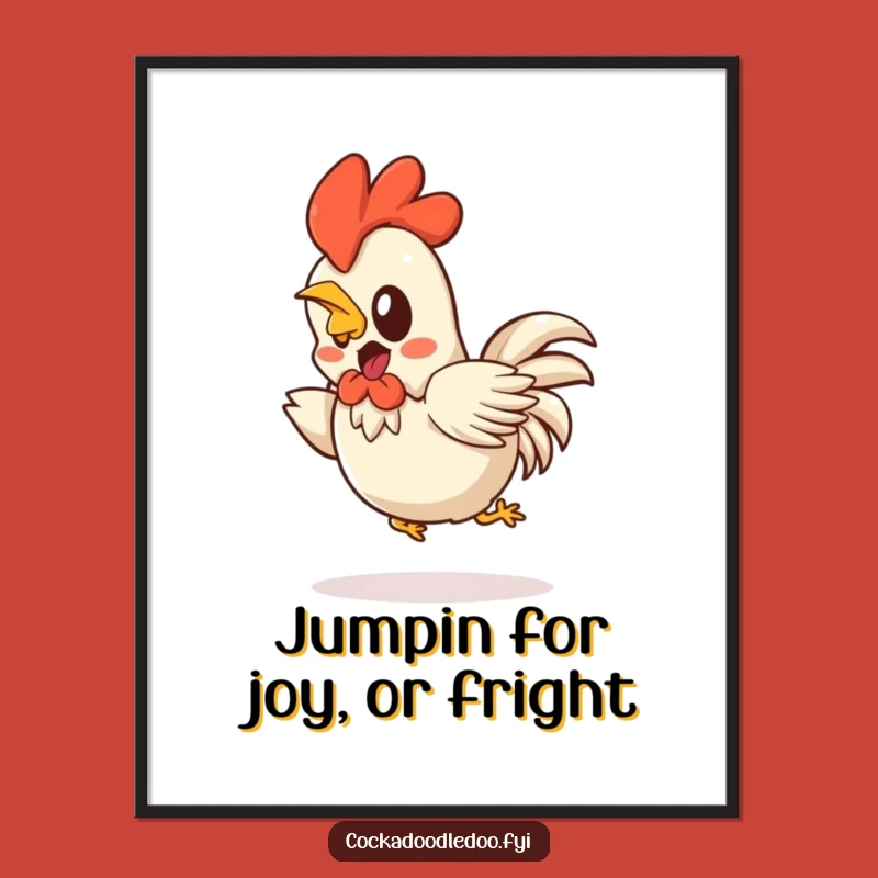 Free Printable Wall Art: Startled Kawaii Rooster Hop - Funny Downloadable Art Gift