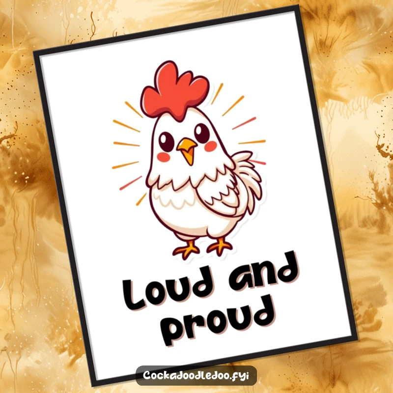 Funny Free Printable Wall Art: A stylized rooster with dynamic lines emanating from its beak, captured mid-crow in a vibrant design.