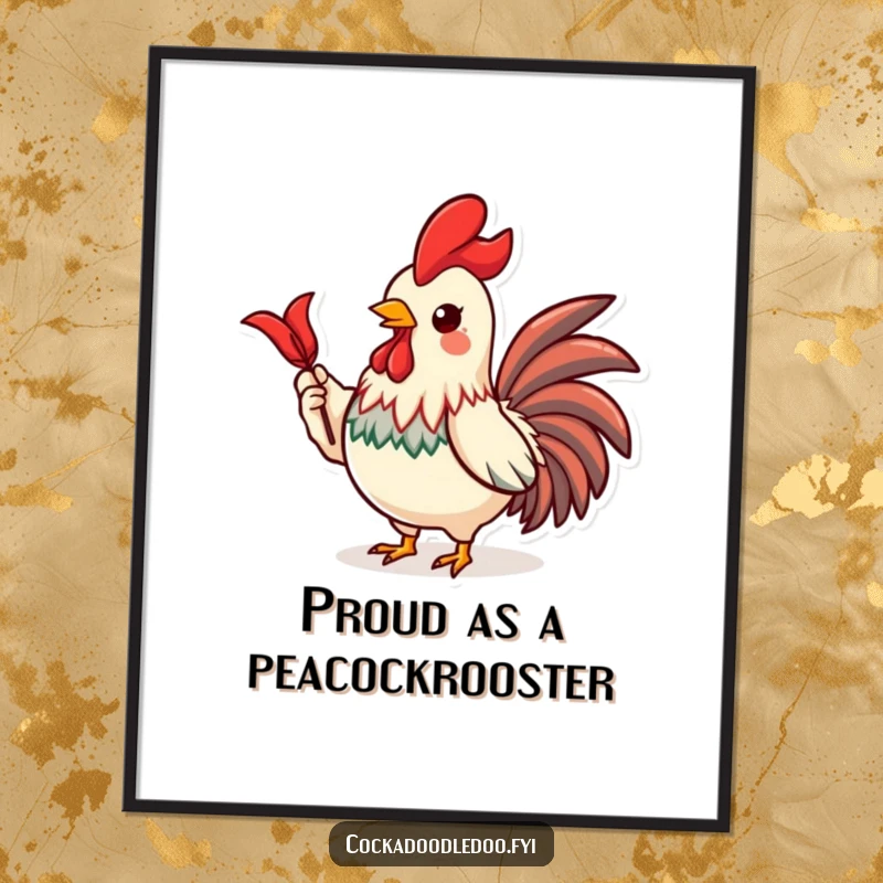 Funny Free Printable wall art of a proud Kawaii rooster character showing off a beautiful shiny red feather.