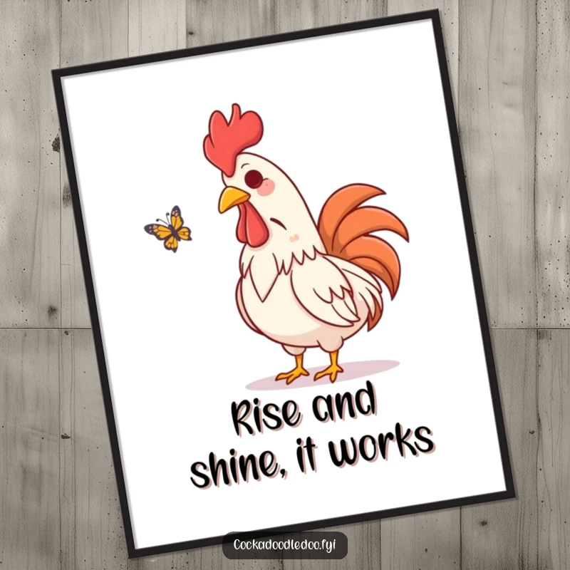 Funny Free Printable Wall Art: A rooster character visually chuckling with amusement while watching a colorful butterfly flutter.