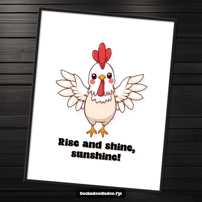Free Printable Wall Art featuring a super cute kawaii rooster with wings spread wide, offering a cheerful and welcoming greeting.