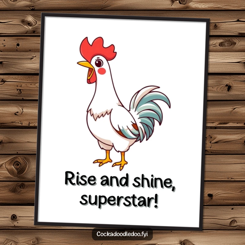 Funny Free Printable Wall Art: Kawaii rooster stretching its neck high, letting out a joyful morning crow.