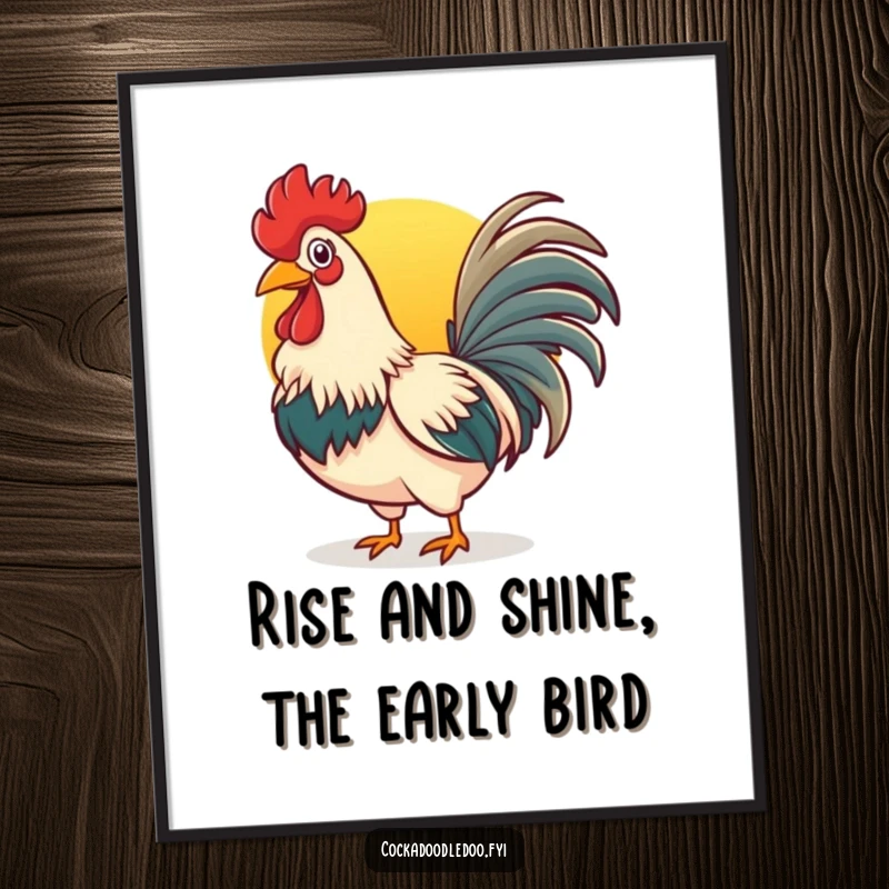Funny Free Printable Wall Art: Cheerful Rooster with Wide Beak Crowing Loudly Towards the Sunrise