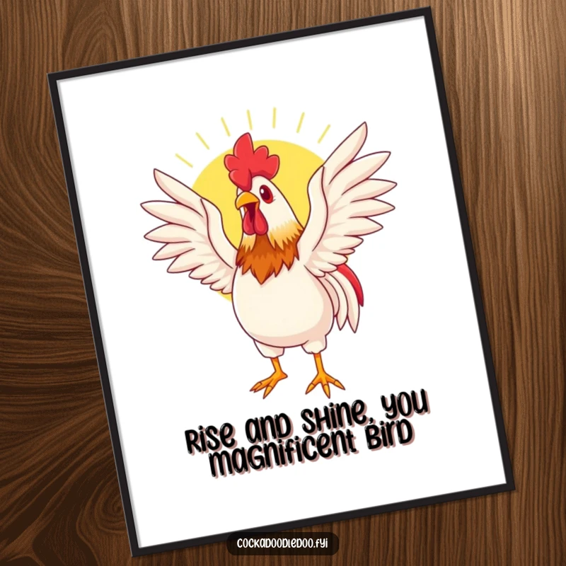 Funny Free Printable Wall Art: Rooster character stretching its wings wide, basking in warm sunlight, creating a serene scene.
