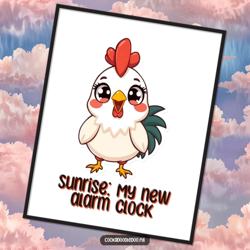 Funny Free Printable Wall Art: A rooster with comically wide eyes, startled by the vibrant sunrise, unique downloadable.