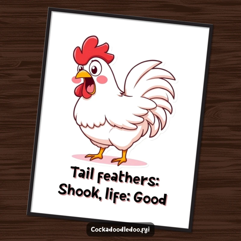 Funny Free Printable Wall Art: Rooster Exclaiming with Wide Eyes, Shaking its Fluffy Tail Feathers Energetically