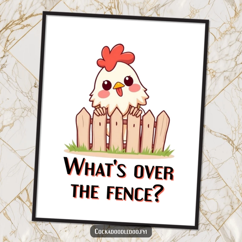 Funny Free Printable Wall Art: An excited rooster peeks over a tiny fence with wide eyes. Curious downloadable decor.